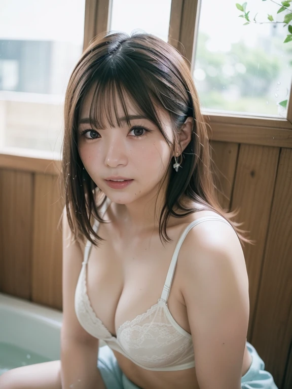 ((of the highest quality, 8K, masutepiece: 1.3, Raw photo)), Sharp Focus: 1.2, (1 AESPA Girl: 1.2), (Realistic, Photorealistic: 1.37), (Face Focus: 1.1), Cute face, Small breasts, medium chest, Short messy hair, (Wet white shirt: 1.1), Wet body, Sitting bathroom, From below, Sunlight, Movie Lighting, hyperdetailed face,20th Generation、woman、Bob Hair、(Best quality, 8k, 32k, Masterpiece, ultra detailed, UHD:1.1),1girl,solo,full body,(cute face:1.1),earring,sitting,natural skin texture,detailed skin, hyperrealism,ultra sharpness,(sweaty:1.2),
straight hair,flower bra,flower panties,black hair,swept bangs,(long hair:1.1),cowboy shot,in park,night time