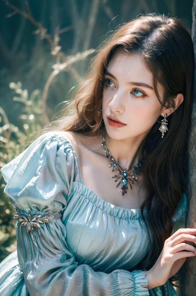 ( masterpiece, top quality, best quality,8k, girl,ultra detailed,raw photo:1.5),(photorealistic:1.4),(cinematic lighting), PerfectNwsjMajic, , Surrealism, UHD, ccurate, Super detail, textured skin, High detail, Best quality, dynamic angle, (high nose,White skin),[Beautiful blue eyes],[flat chest:large breasts:0.5],(1girl),(good anatomy:0.5)), of a woman in a dress with a Magic , ((a beautiful fantasy empress)), beautiful fantasy maiden, Dreamy atmosphere,mystical ambiance, Artistic interpretation,a whimsical illustration, Subtle colors and tones, mystical aura, jewelry, splendor,portrait