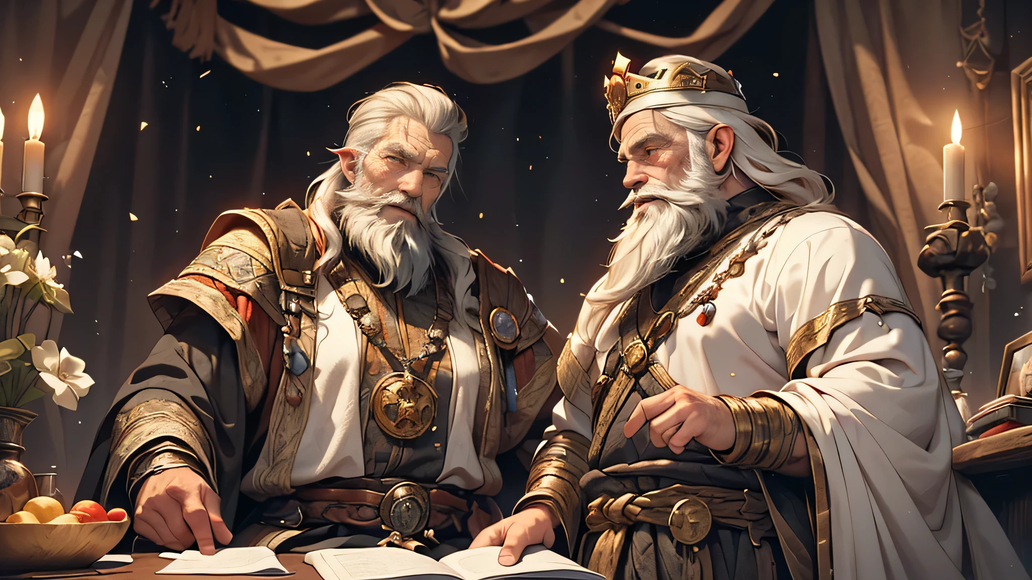 (a young dwarf,a young dwarf with a sturdy body,a young dwarf with short black hair and a beard), (an old dwarf king,an old dwarf king with white hair and a beard), (the old king is wearing a crown),illustrates,conversation,interaction,dwarves,