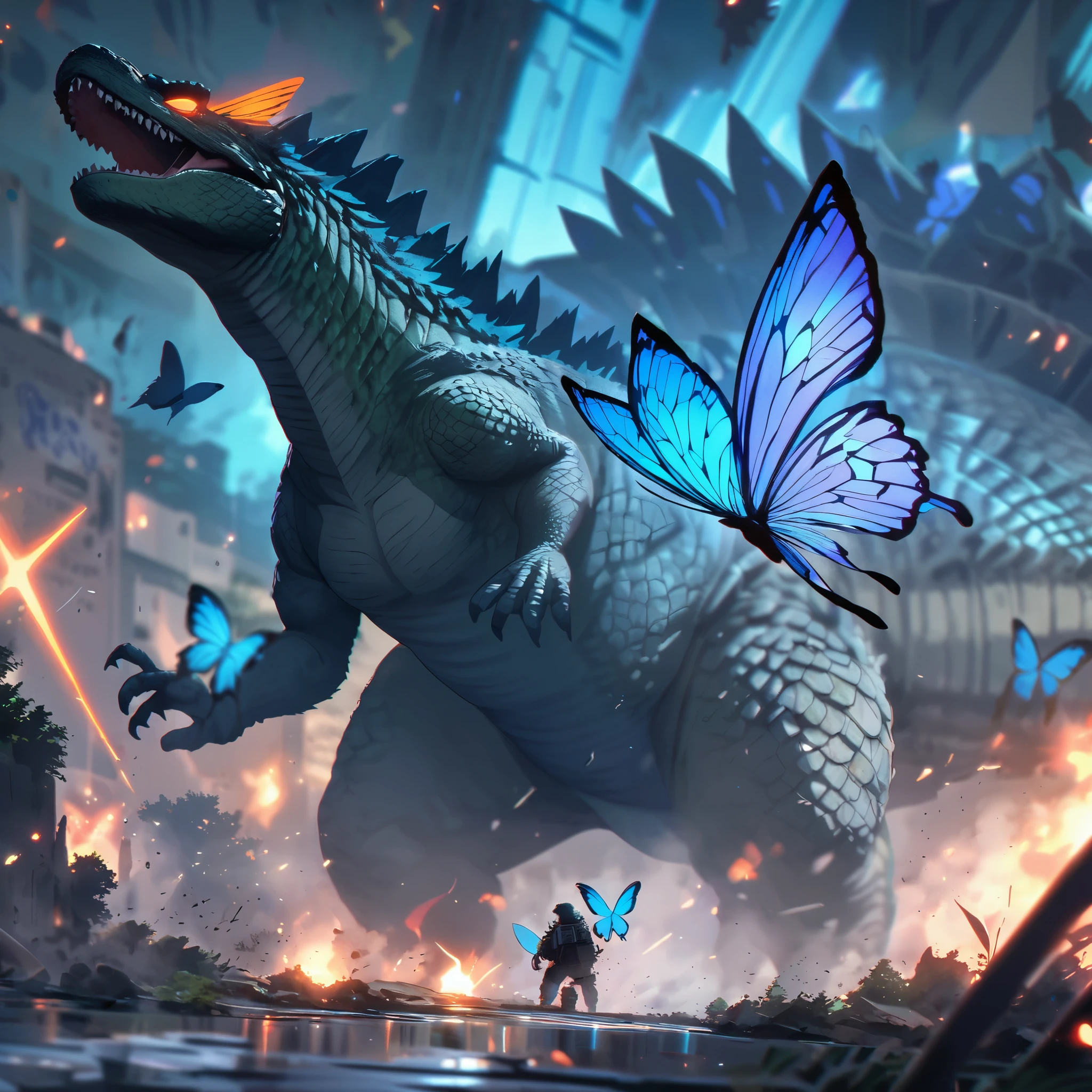 Godzilla's rampage is stopped when confronted by a huge neon 'Blue Butterfly'
