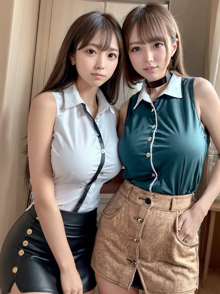(highest quality:1.5),(8K:1.5),(masterpiece:1.5),(High resolution:1.5),(Three gals:1.5),(Tight sleeveless business blouse with buttons and collar:1.5),(A tight mini skirt with a slit:1.3),(Huge breasts:1.5),Thin and beautiful legs,Narrow waist,(Ecstasy:1.5),living,Looking at this,Beauty,Beautiful down to the last detail,Cinema lighting,(Brown skin 1.5),Brown Hair,(Heavy makeup 1.4),whole body,Big Ass,Sunburned skin