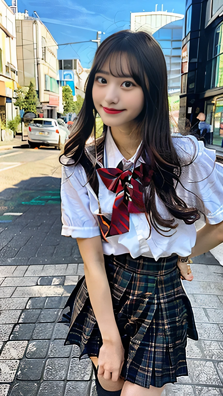 Ulzzang-6500-v1.1, (RAW Photos:1.2), (Realistic:1.4), Beautiful detailed girl, Very detailed eyes and face, Beautiful fine details, Beautiful legs、Ridiculous, Incredibly Ridiculous, Large file size, True Face、Super detailed, High resolution, Very detailed, highest quality, masterpiece, Kemomimi, ((Japanese Girls High School Uniform)), Face Light, Cinema Lighting, 1 girl, (smile), (Dynamic pose))), Full length portrait of a high school girl standing in a bright city street。。She is wearing black loafers on her feet.、The shoes are clearly visible in the bright sunlight.。Behind him are tall buildings and people passing by.々You can see。Her expression is positive and confident。