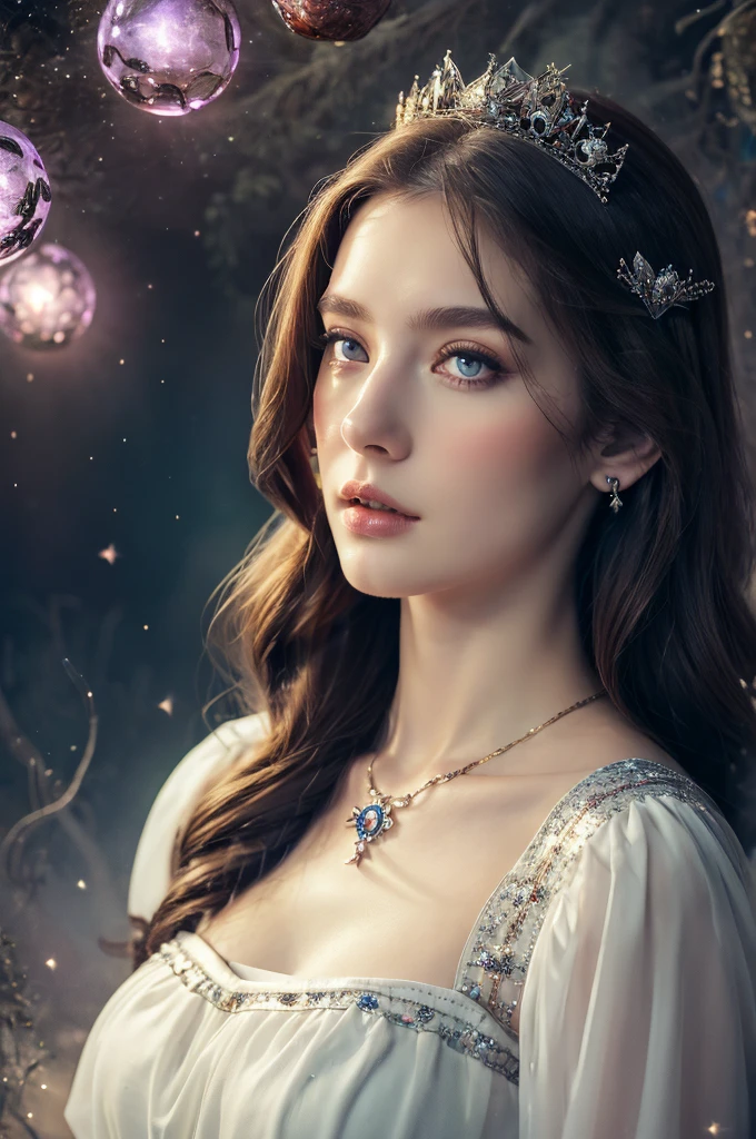 ( masterpiece, top quality, best quality,8k,17 years old girl,ultra detailed,raw photo:1.5),(photorealistic:1.4),(cinematic lighting), PerfectNwsjMajic, , Surrealism, UHD, ccurate, Super detail, textured skin, High detail, Best quality, dynamic angle, (high nose,White skin),[Beautiful blue eyes],[flat chest:large breasts:0.5],(1girl),(good anatomy:0.5)), of a woman in a dress with a Magic , ((a beautiful fantasy empress)), beautiful fantasy maiden, Dreamy atmosphere,mystical ambiance, Artistic interpretation,a whimsical illustration, Subtle colors and tones, mystical aura, jewelry, splendor,portrait
