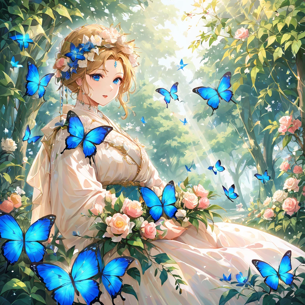 The prompt for the image is "Blue Madame Butterfly".
"(best quality, 4k, highres), vibrant blue butterfly with intricate, iridescent wings, delicate and detailed, gracefully perched on a blooming flower (keyword:1.1), surrounded by lush green foliage, gentle sunlight casting a warm (keyword) glow on the scene, capturing the magical moment of a fleeting beauty, intensified color palette with vivid hues, invoking a sense of mystical elegance and ethereal tranquility, resembling a watercolor painting by a master artist."