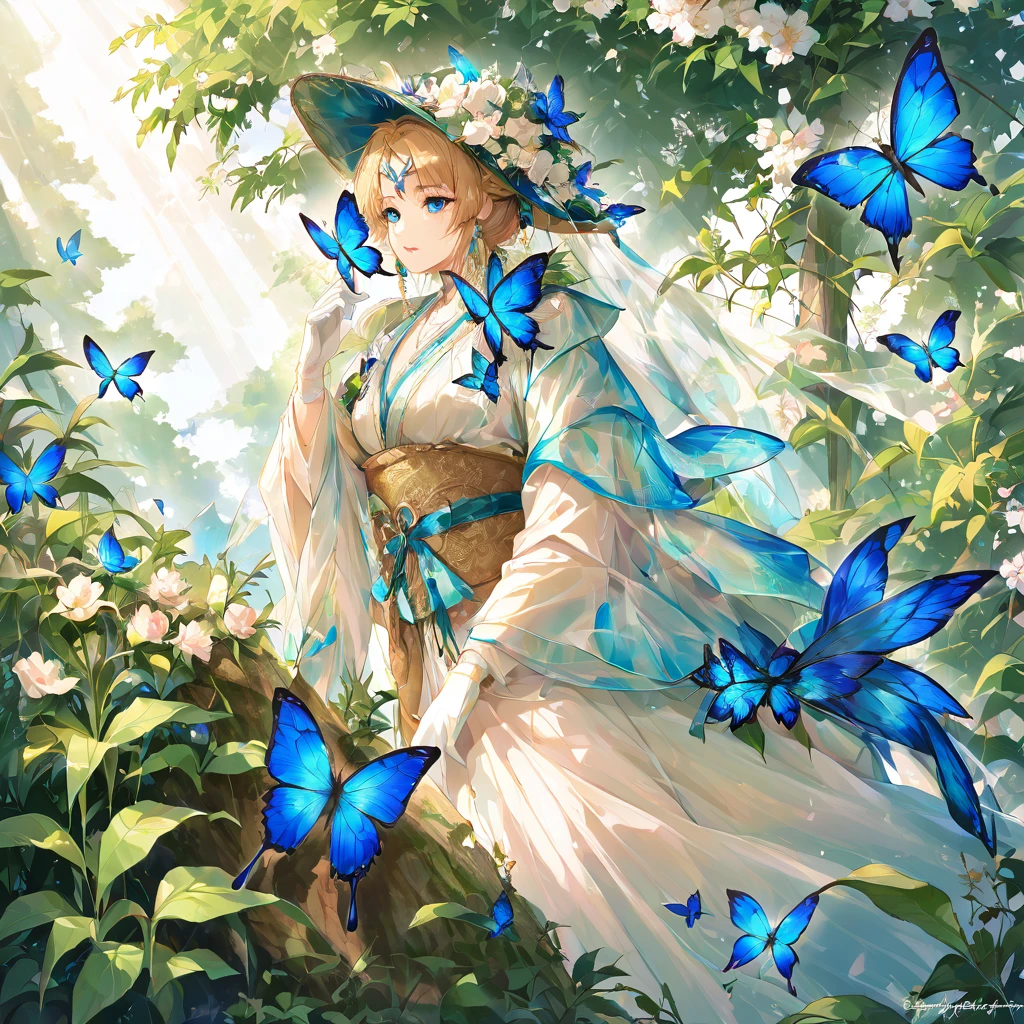 The prompt for the image is "Blue Madame Butterfly".
"(best quality, 4k, highres), vibrant blue butterfly with intricate, iridescent wings, delicate and detailed, gracefully perched on a blooming flower (keyword:1.1), surrounded by lush green foliage, gentle sunlight casting a warm (keyword) glow on the scene, capturing the magical moment of a fleeting beauty, intensified color palette with vivid hues, invoking a sense of mystical elegance and ethereal tranquility, resembling a watercolor painting by a master artist."