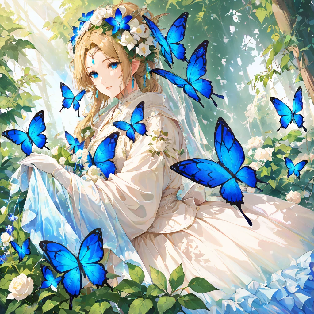 The prompt for the image is "Blue Madame Butterfly".
"(best quality, 4k, highres), vibrant blue butterfly with intricate, iridescent wings, delicate and detailed, gracefully perched on a blooming flower (keyword:1.1), surrounded by lush green foliage, gentle sunlight casting a warm (keyword) glow on the scene, capturing the magical moment of a fleeting beauty, intensified color palette with vivid hues, invoking a sense of mystical elegance and ethereal tranquility, resembling a watercolor painting by a master artist."