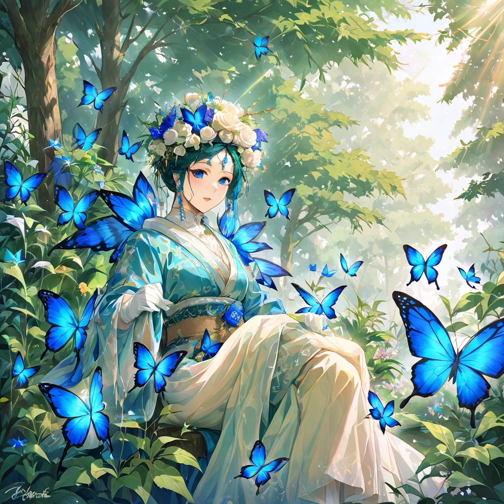 The prompt for the image is "Blue Madame Butterfly".
"(best quality, 4k, highres), vibrant blue butterfly with intricate, iridescent wings, delicate and detailed, gracefully perched on a blooming flower (keyword:1.1), surrounded by lush green foliage, gentle sunlight casting a warm (keyword) glow on the scene, capturing the magical moment of a fleeting beauty, intensified color palette with vivid hues, invoking a sense of mystical elegance and ethereal tranquility, resembling a watercolor painting by a master artist."