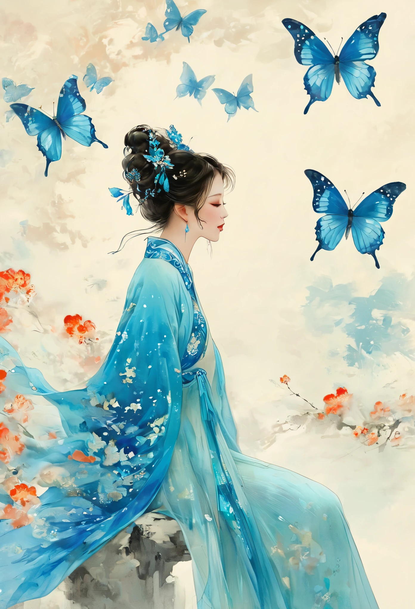 blue butterfly，painting，butterfly fairy，1girl，Chinese style，Side view