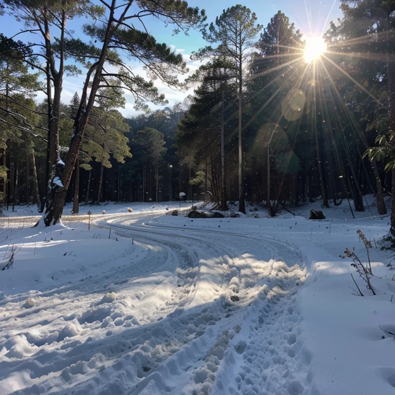 Floresta com montanhas nevando com sol