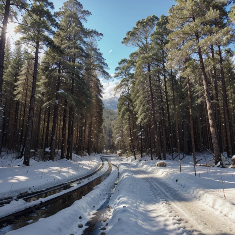 Floresta com montanhas nevando com sol