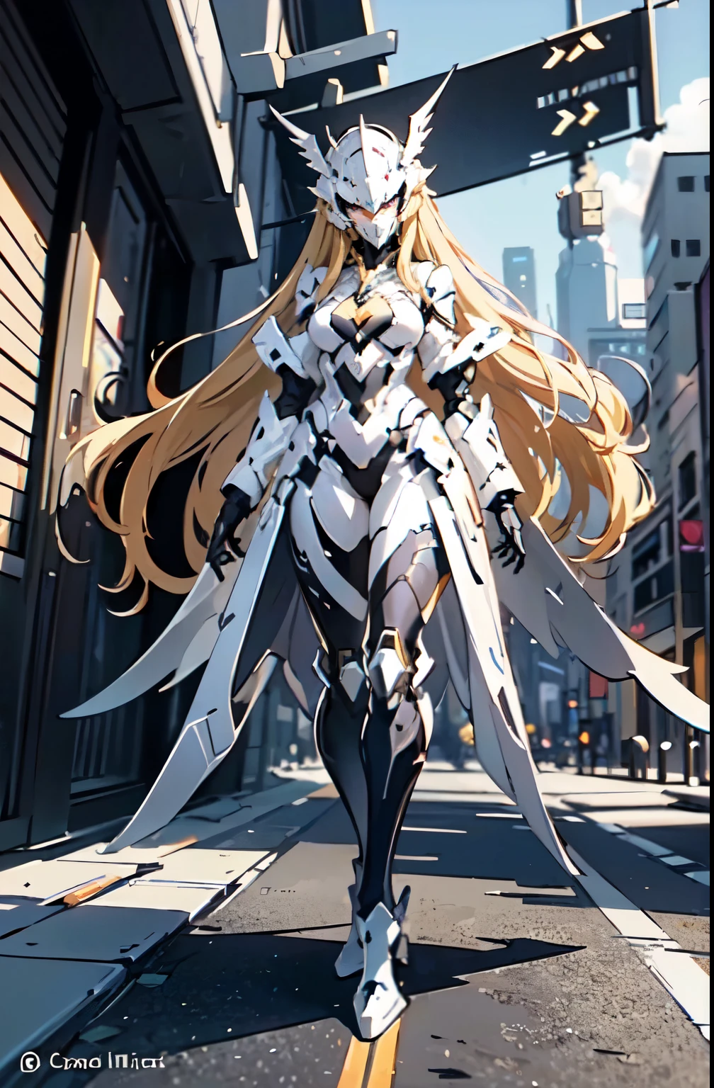 zzmckzz, mecha helmet, wsprmr, mecha helmet, metallic wing, metal wings, symmetrical metal wings,  monster girl, 1girl, monster girl, gradient, colored skin, full body, solo, covered eyes,, ultra detailed, masterpiece, best quality, aesthetic, detailed,, solo, soft smile, light smile,
1girl, blue eyes, very long hair, blonde hair, long blonde hair, french braid, bangs, medium breasts,