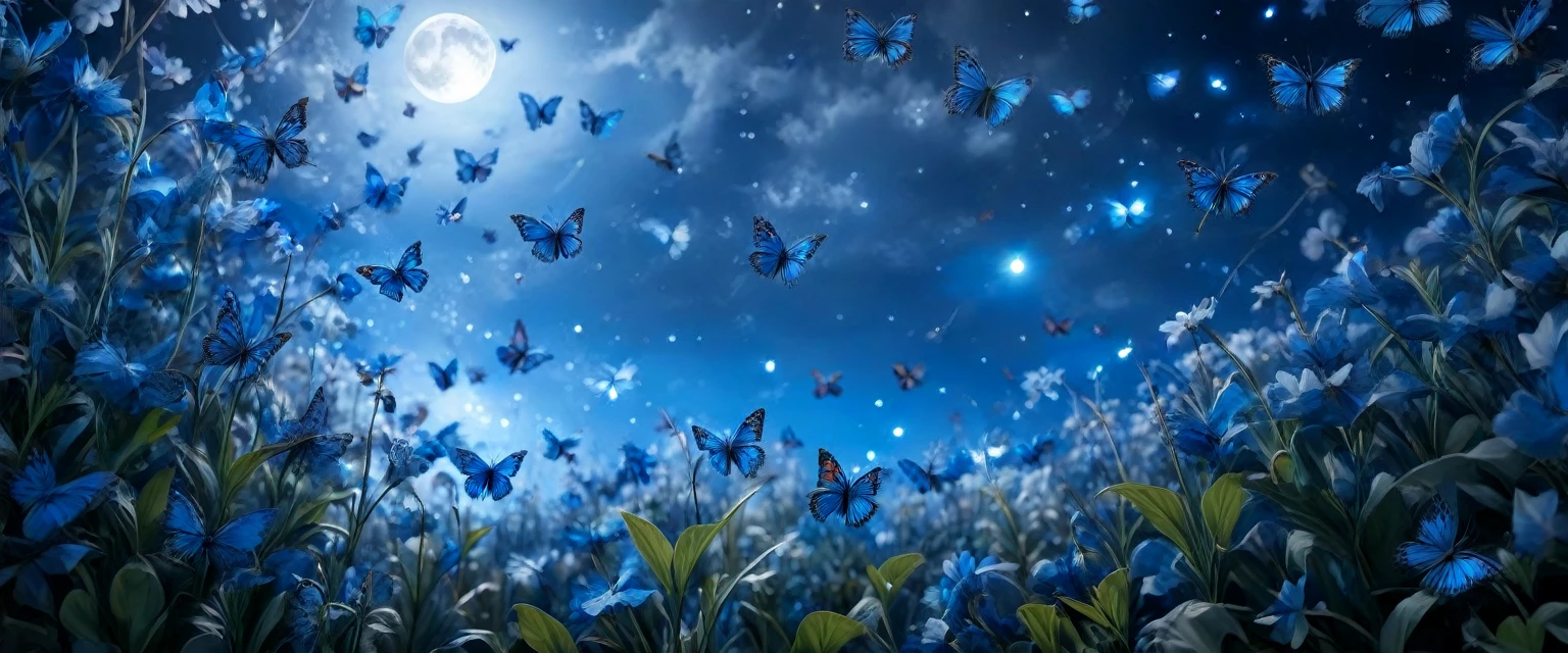 8k,wallpaper of extremely detailed CG unit, ​masterpiece,hight resolution,top-quality,top-quality real texture skin,hyper realisitic,increase the resolution,RAW photos,best qualtiy,highly detailed,the wallpaper, BREAK ,(many beautiful blue butterfly is flying above the clean beatuiful lake in the flower garden at midnight),beautiful moon,beautiful moonlight,(butterfly is glowing blue:1.6),eye level shot,landscape,only blue butterflies