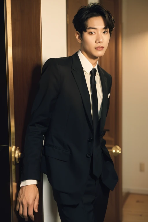 8k RAW photo, High resolution, 48 years old Korean, Dandy,Very muscular chest, Black suit, White dress shirt , Very thin mouth, Duck mouth, Grin,, intimidating pose, Beautiful eyes in every detail, Long eyelashes, Beautiful double eyelids, eye shadow, Long-term, Three white eyes, Beautiful slim legs, necklace, short hair, The front door of a large company, Large corporate office
