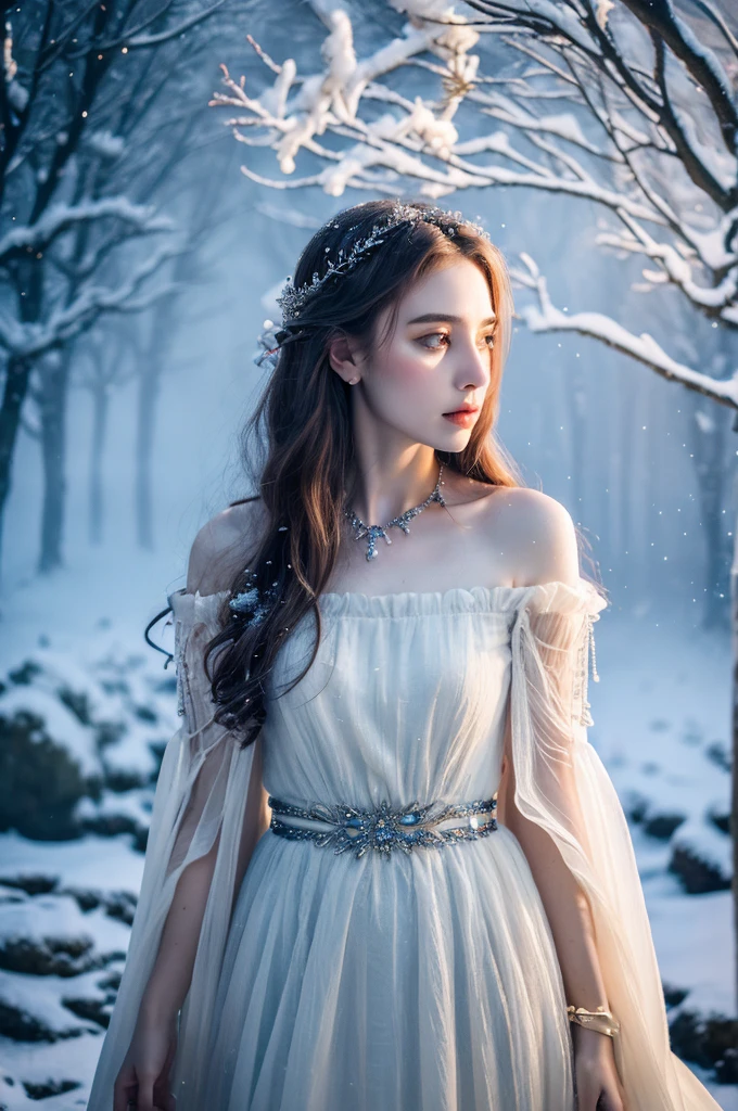 ( masterpiece, top quality, best quality,8k,17 years old girl,ultra detailed,raw photo:1.5),(photorealistic:1.4),(cinematic lighting), PerfectNwsjMajic, , Surrealism, UHD, ccurate, Super detail, textured skin, High detail, Best quality, dynamic angle, (high nose,White skin),[Beautiful blue eyes],[flat ?????:?????????????:0.5],(1girl),(good ???????:0.5)), of a woman in a dress with a Magic , ((a beautiful fantasy empress)), beautiful fantasy maiden, Dreamy atmosphere,mystical ambiance, Artistic interpretation,a whimsical illustration, Subtle colors and tones, mystical aura, jewelry, splendor,portrait, snow storm