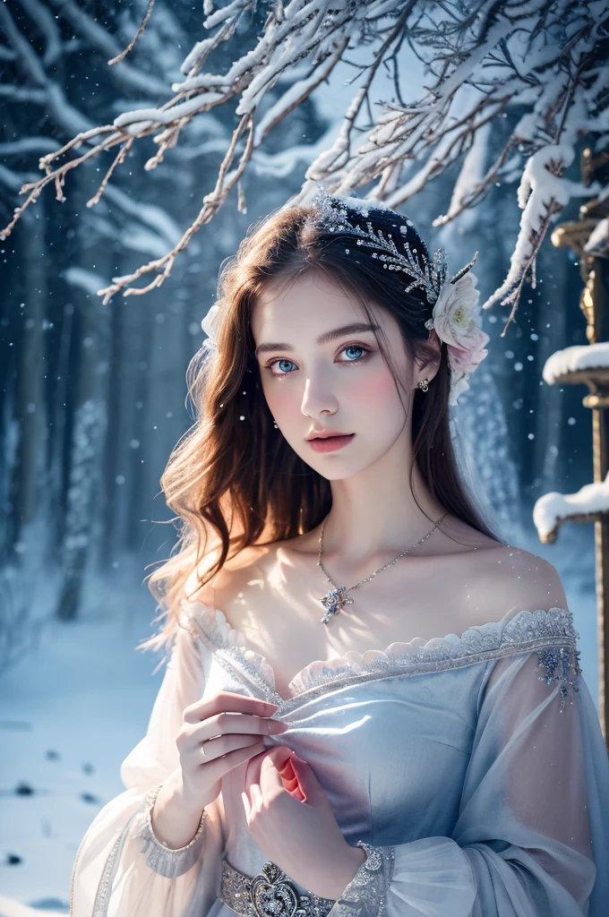 ( masterpiece, top quality, best quality,8k, girl,ultra detailed,raw photo:1.5),(photorealistic:1.4),(cinematic lighting), PerfectNwsjMajic, , Surrealism, UHD, ccurate, Super detail, textured skin, High detail, Best quality, dynamic angle, (high nose,White skin),[Beautiful blue eyes],[flat chest:large breasts:0.5],(1girl),(good anatomy:0.5)), of a woman in a dress with a Magic , ((a beautiful fantasy empress)), beautiful fantasy maiden, Dreamy atmosphere,mystical ambiance, Artistic interpretation,a whimsical illustration, Subtle colors and tones, mystical aura, jewelry, splendor,portrait, snow storm