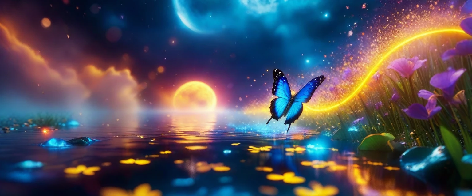 8k,wallpaper of extremely detailed CG unit, ​masterpiece,hight resolution,top-quality,top-quality real texture skin,hyper realisitic,increase the resolution,RAW photos,best qualtiy,highly detailed,the wallpaper, BREAK ,(solo:2.0),(only 1very beautiful blue butterfly is flying above the clean beatuiful lake in the flower garden at midnight2.0),beautiful moon,beautiful moonlight,butterfly is glowing blue,eye level shot,landscape,butterfly is blue butterfly