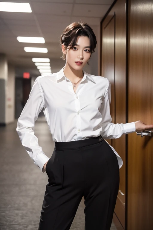 8k RAW photo, High resolution, 48 years old Korean, Dandy,Very muscular chest, Black suit, White dress shirt , Very thin mouth, Duck mouth, Grin,, intimidating pose, Beautiful eyes in every detail, Long eyelashes, Beautiful double eyelids, eye shadow, Long-term, Three white eyes, Beautiful slim legs, necklace, short hair, The front door of a large company, Large corporate office