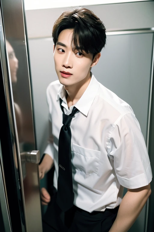 8k RAW photo, High resolution, 48 years old Korean, Dandy,Very muscular chest, Black suit, White dress shirt , Very thin mouth, Duck mouth, Grin,, intimidating pose, Beautiful eyes in every detail, Long eyelashes, Beautiful double eyelids, eye shadow, Long-term, Three white eyes, Beautiful slim legs, necklace, short hair, The front door of a large company, Large corporate office