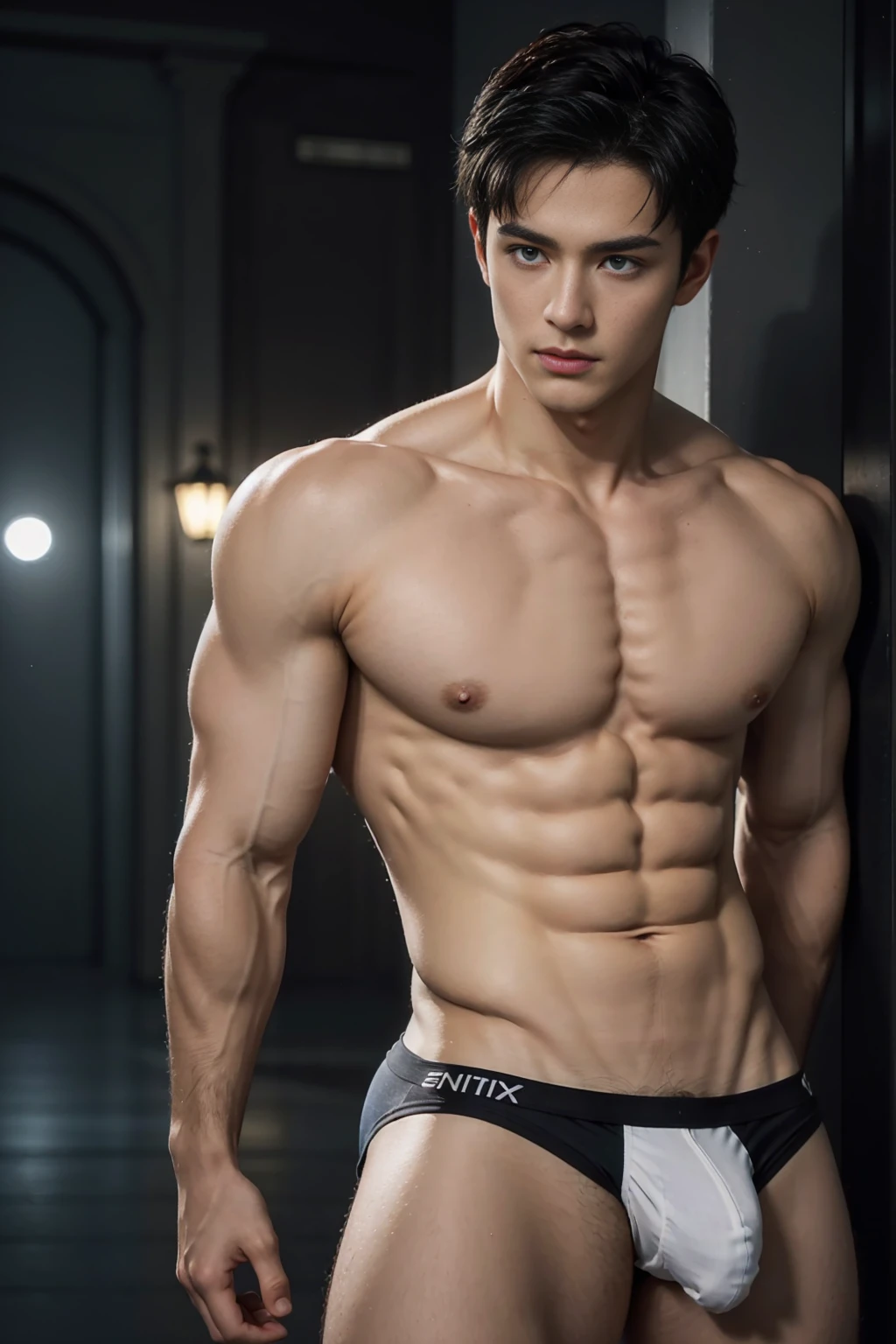 (8K, RAW photo, Highest quality),Realistic,2 handsome men,frontage,Intricate details,Extremely detailed eyes and eyelasheuscular male,Manly,Night sky,Soft lighting,Cinematic lighting,Portrait,Close-up,Lovingly,Exposing the pectoral muscles,Photo of black and blue eyes white gay male model, Blue eyes, Stand in front of a gray background, Sports panties, 22 years old, Lean, beefy, Short hair, Digital SLR, hyper qualit, Fujifilm XT3, Crystal clear, 8K UHD, High detail, Ultra photo realsisim, haar, Pubic hair, ((Realistic skin), ((pores)), ((highdetailskin)), volumettic light, groin, far,sexy underwear,top-down view, complex 3D visualization, high detail, 1 handsome young man (nsfw) looking at the viewer (Pureerosface_V 1:0.6), 18 years old, pure, genuine human skin , (bare chest), muscles, vivid details, hyperrealistic, beautiful background (Medieval: 1,2), octane rendering, 8k, best quality, masterpiece, extremely detailed, computer graphics, unity, wallpapers (realistic, photorealistic: 1.37), stunning, fine details, masterpiece, best quality, official art, extremely detailed CG unity 8k wallpapers,