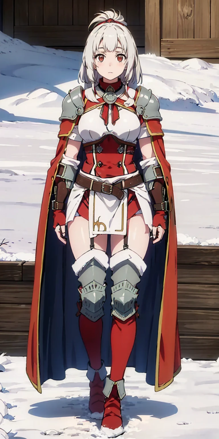 full body standing straight symmetrical, FEMALE warrior princess, big belt around waist, hair, very white skin like snow, wearing full heavy armor red cape, brown leather boots, adventurer outfit, veteran warrior