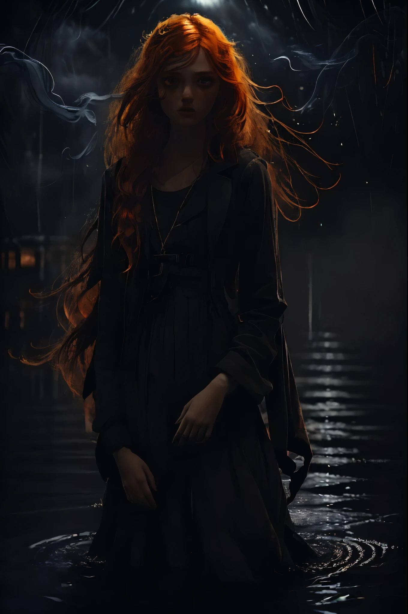 1girl, long hair, 43stl1ght1ng, low light, dramatic lighting, darkness, neon, eye lighting, waterline, smoke, ginger hair, black background, standing in chest high water, orange red tonal lighting,