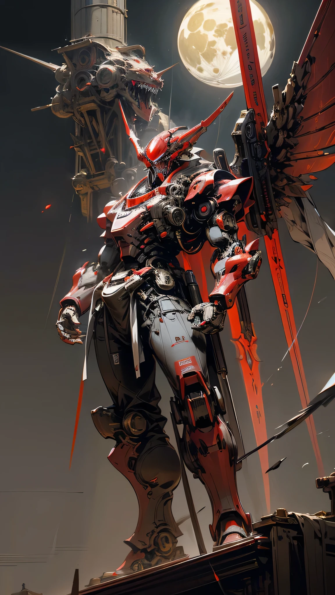 mechanized humanoid red dragon, holding beam sword, magic circle, mechanical red wings, science fiction, looking up, high resolution, masterpiece, best quality, ultra detailed, super fine illustration, red laser cannon on shoulder, no humans, shooting, standing, missile pod on waist, dynamic, red eye, moon over the castle,