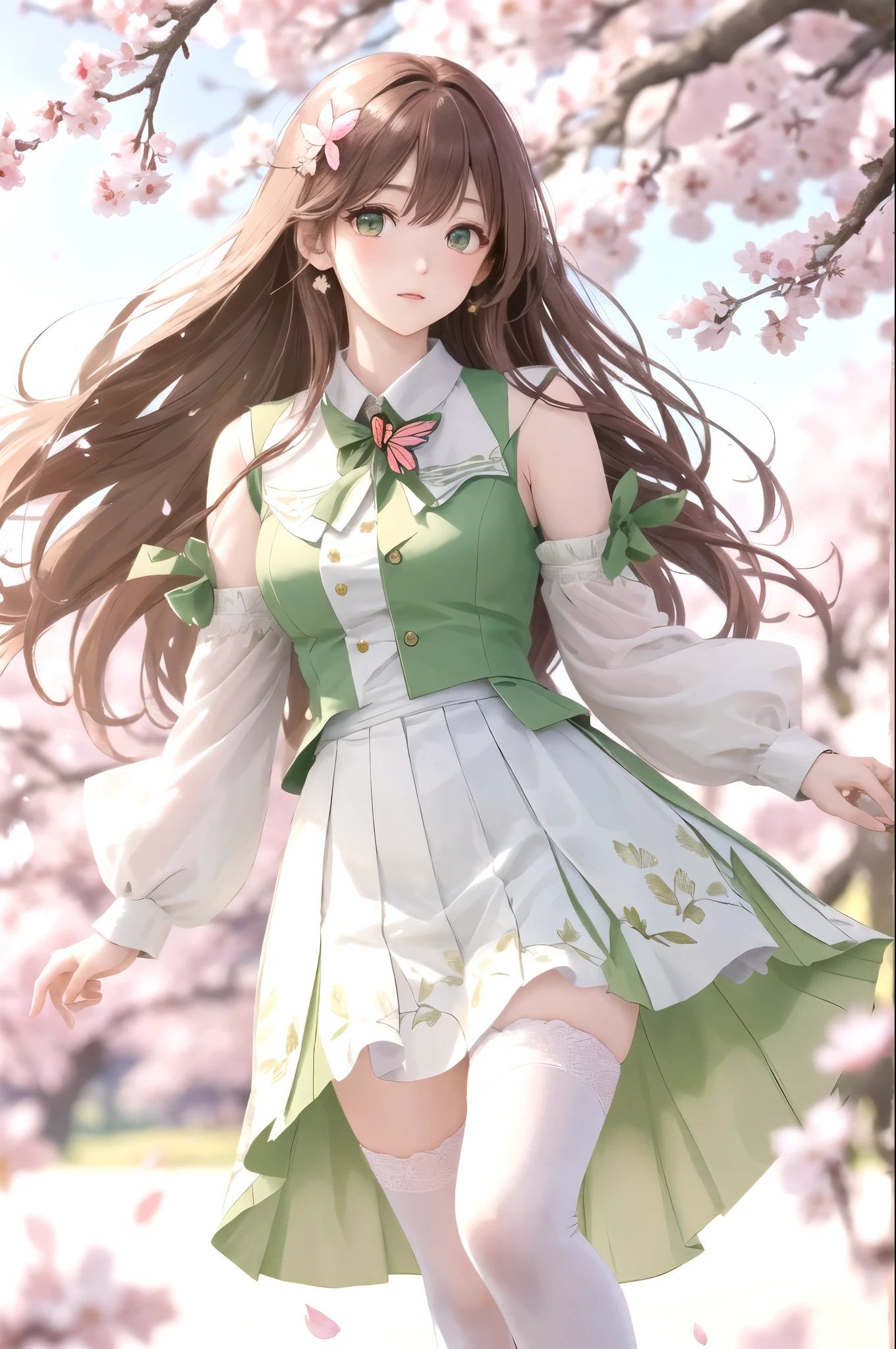 One girl, alone, Long hair blown by the wind, Green Eyes, White Stockings, race, View the viewer, Gorgeous, elegant, Very detailed, Majestic, Blurred, Blurred background, wood, branch, cherry blossoms, butterfly, Windblown petals, Depth of written boundary,
