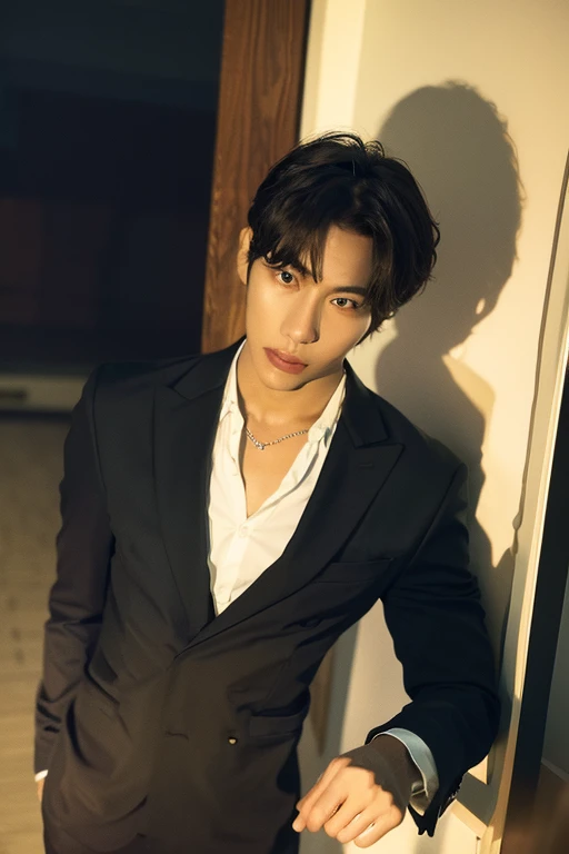 8k RAW photo, High resolution, 48 years old Korean, Dandy,Very muscular chest, Black suit, White dress shirt , Very thin mouth, Duck mouth, Grin,, intimidating pose, Beautiful eyes in every detail, Long eyelashes, Beautiful double eyelids, eye shadow, Long-term, Three white eyes, Beautiful slim legs, necklace, short hair, The front door of a large company, Large corporate office,((Tanned black skin:1.3))
