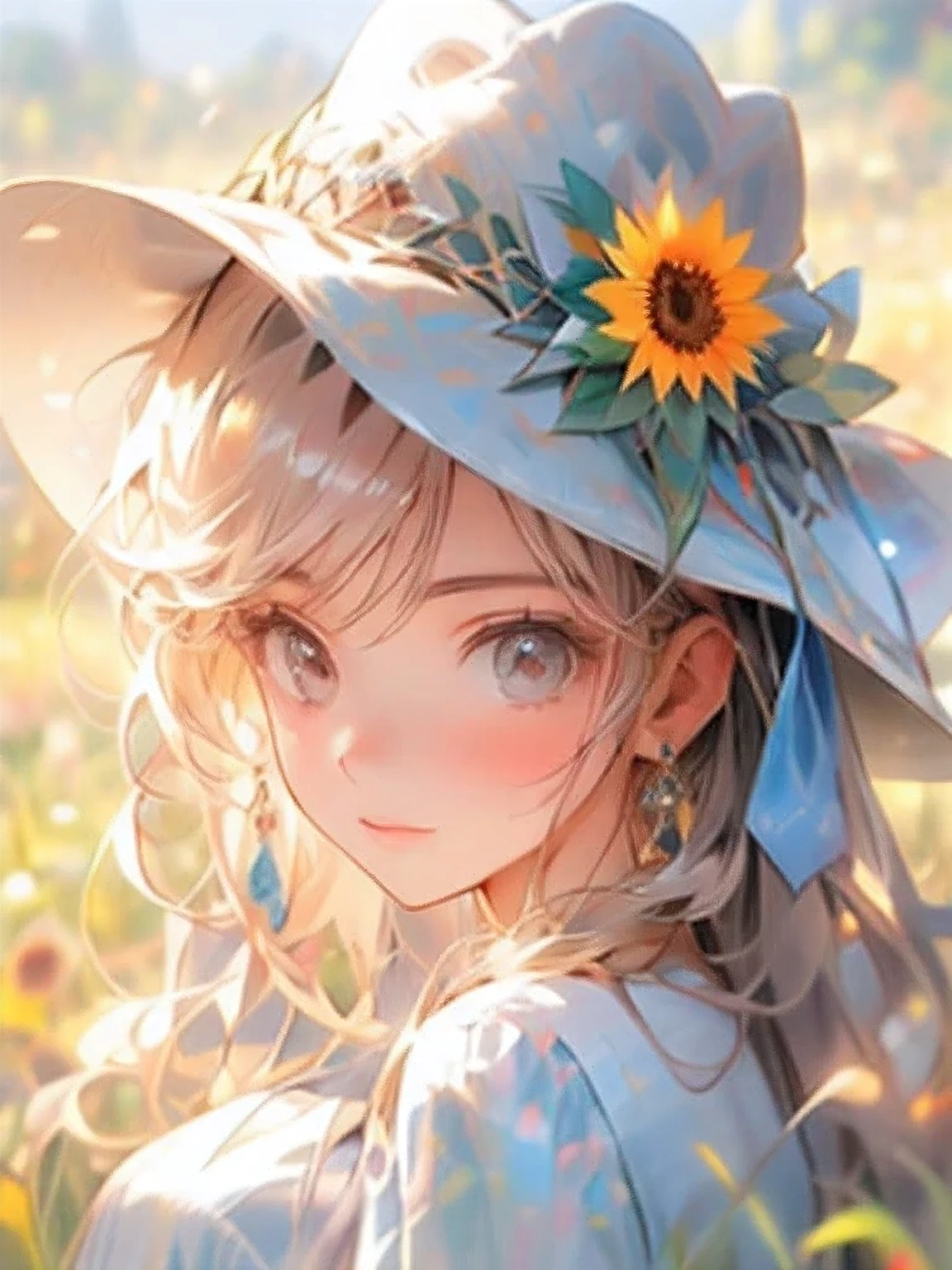 cute girl,  sparkling eyes, shining lips, beautiful detailed eyes, beautiful detailed lips, long eyelashes, flowing hair, joyful expression, vibrant dress, sitting on a grassy field, surrounded by colorful sunflowers, wearing a stylish hat, a warm and sunny day, soft natural lighting, vivid colors, medium: oil painting, ultra-detailed, realistic, bokeh