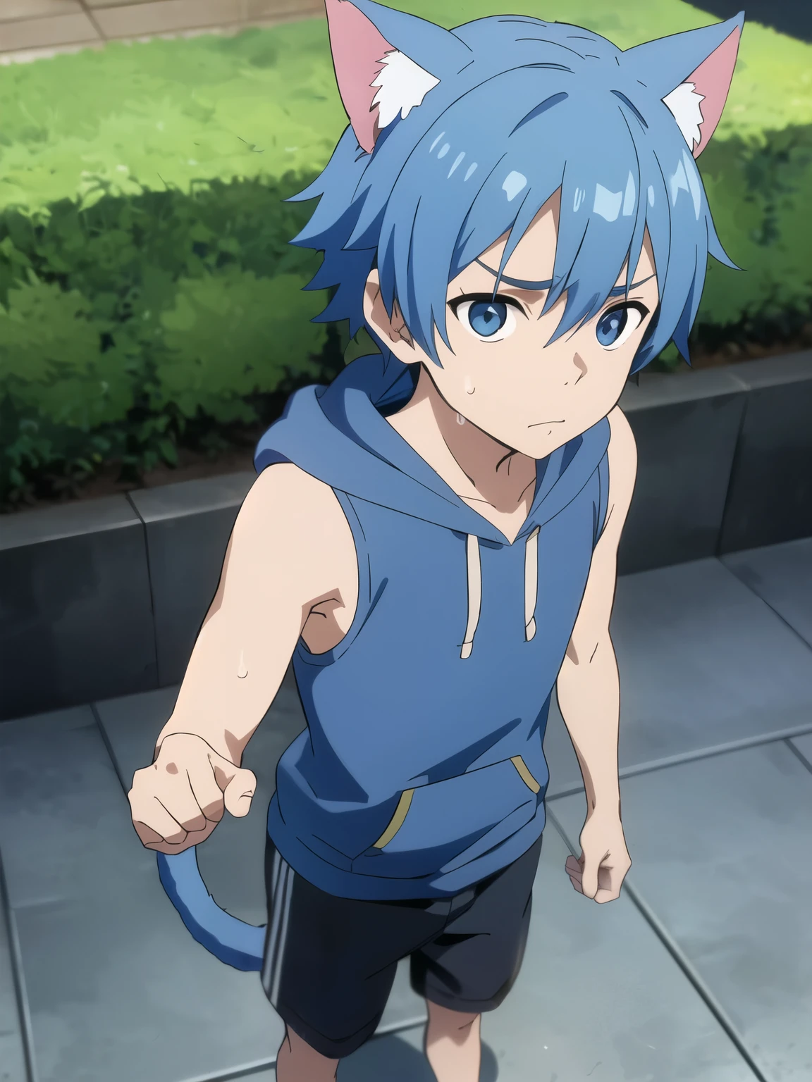 Highres, Masterpiece, Best quality at best,Best Quality,hight quality, hight detailed, 1boy, Blue hair, straight hair, Shota, Cat ear, Sweat, Sleeveless hoodie, Selfie, Body, Depth of field, Anime Screencap Style, Seen from above, Cute boy, (very small and short stature), (very young boy), 12-year-old boys, Blurry beckground
