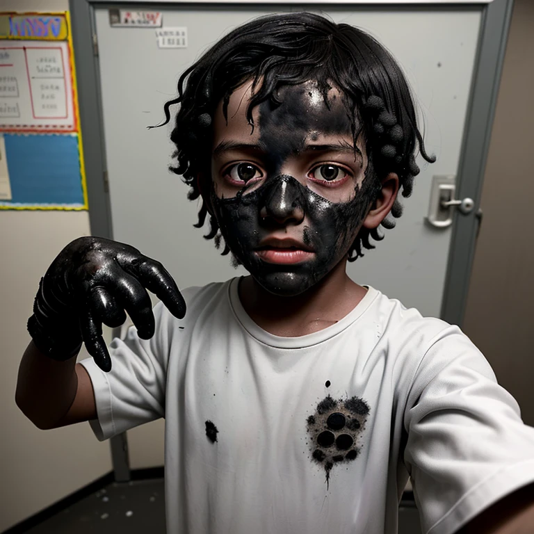 A selfie of an elementary school boy covered in soot after a failed experiment