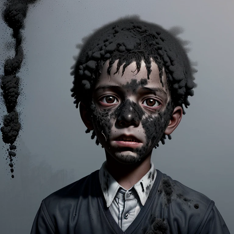 A selfie of an elementary school boy covered in soot after a failed experiment