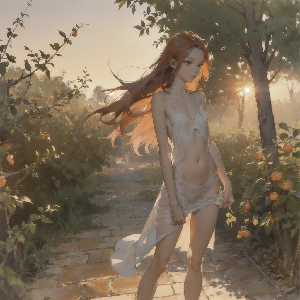Beautiful slender thin exquisite (nude) girl with a perfect face of the southern type with red hair with delicate beautiful expressive breasts with tender nipples barefoot with bare hips ((with red pubic hairs)) ((in a short open summer orange sundress over a naked body)) walks along a brick road in the middle of a flowering field (with a glass of wine), in a gentle watercolor style, Discreet shades, sfumato, haze, diffused dim light, delicate mint shades, imitation of film photography, (olive and grape groves, Brick Road), (High image quality, Maximum detail), (sunset lighting, Warm evening shades, warm golden and olive sunset light)