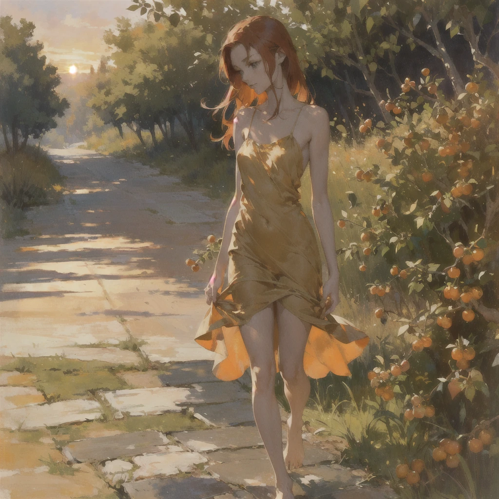 Beautiful slender thin exquisite (nude) girl with a perfect face of the southern type with red hair with delicate beautiful expressive breasts with tender nipples barefoot with bare hips ((with red pubic hairs)) ((in a short open summer orange sundress over a naked body)) walks along a brick road in the middle of a flowering field (with a glass of wine), in a gentle watercolor style, Discreet shades, sfumato, haze, diffused dim light, delicate mint shades, imitation of film photography, (olive and grape groves, Brick Road), (High image quality, Maximum detail), (sunset lighting, Warm evening shades, warm golden and olive sunset light)