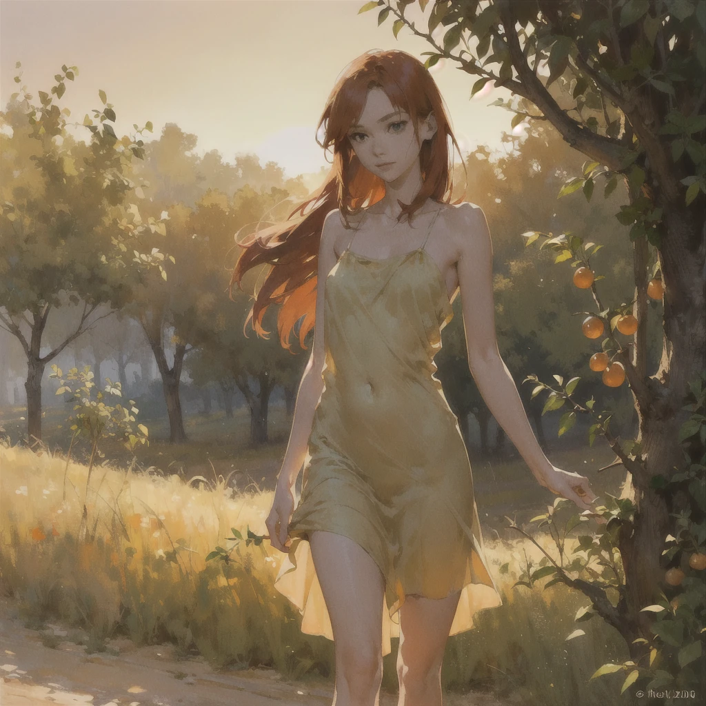 Beautiful slender thin exquisite () girl 16 yh a perfect face of the southern type with red hair with delicate beautiful expressive breasts with tenples barefoot with bs ((with red pubic hairs)) ((in a short open summer orange sundress over a naked body)) walks along a briad in the middle of a flowering field (with a glass of wine), in a gentle watercolor style, Discreet shades, sfumato, haze, diffused dim light, delicate mint shades, imitation of film photography, (olive and grape groves, Brick Road), (High image quality, Maximum detail), (sunset lighting, Warm evening shades, warm golden and olive sunset light)