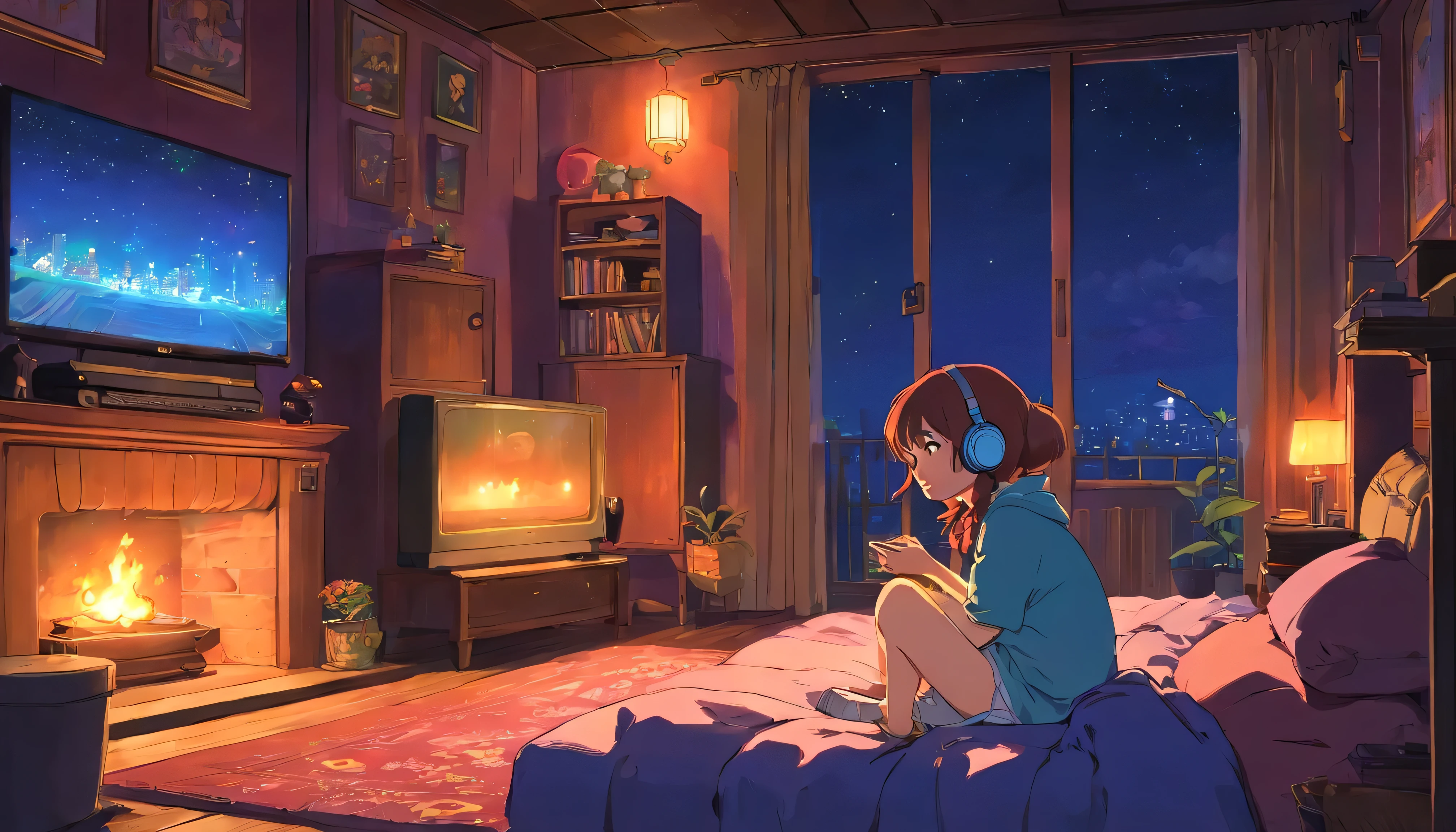 Girl listening to music in a cozy room at night, usando auriculares, Anime estilo 2D, Lo-fi, disco Rigido, ambiente oscuro