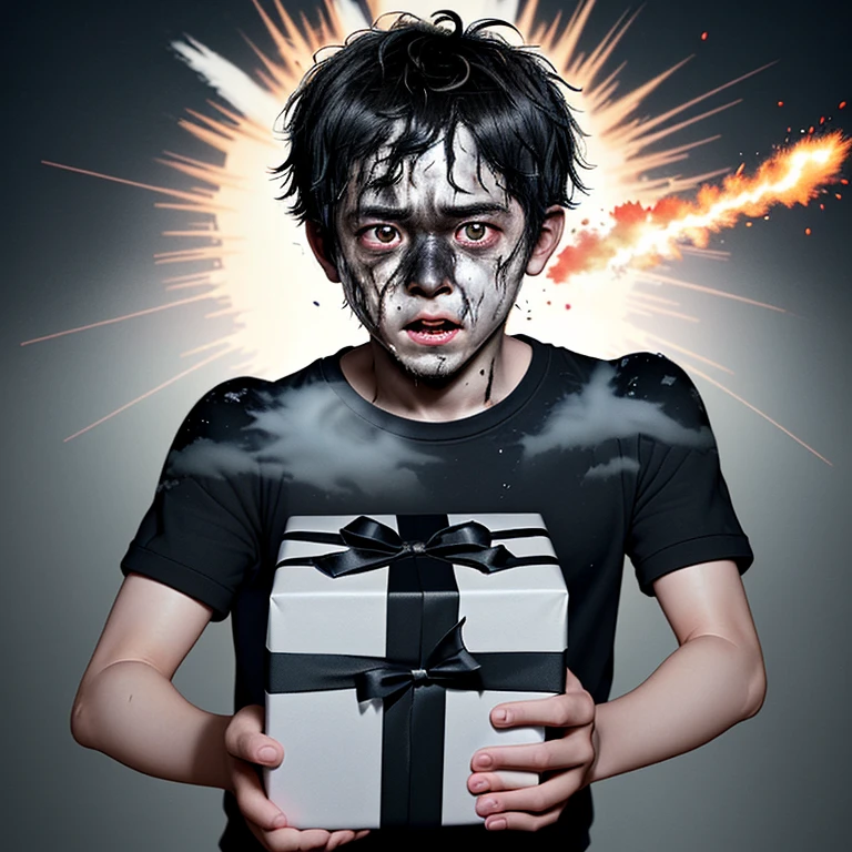 Explosion when opening birthday present、A comedy about a boy covered in soot and left in tatters.