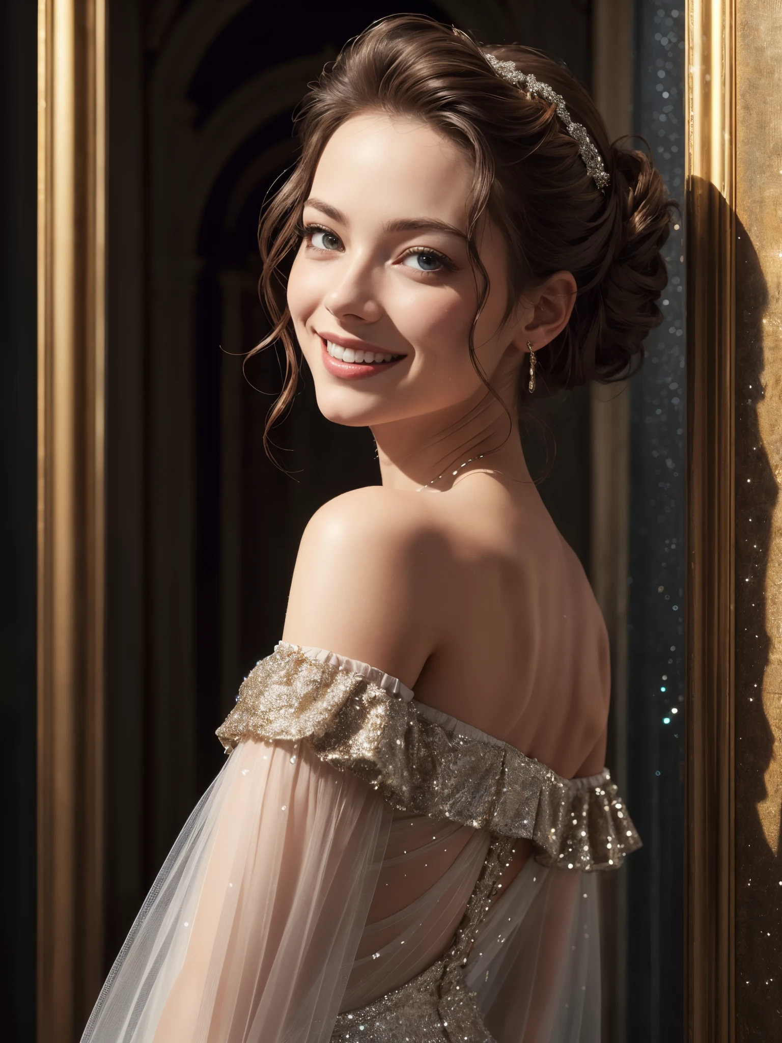 girl wearing off-shoulder drapped see-through dress, BREAK, 1girl, from side, shoulder, detailed face, hair updo, off-shoulder drapped see-through dress, (glitter:1.2), looking at viewer, head tilt, fantasy watery mansion corridor, glowing, sun backlight, Oil painting, large brushstrokes, (best quality, 4k, 8k, highres, masterpiece:1.2), ultra-detailed,(realistic, photorealistic, photo-realistic:1.37), illustration, humble smile, feminine, vibrant, expressive, brilliant color, outside background,