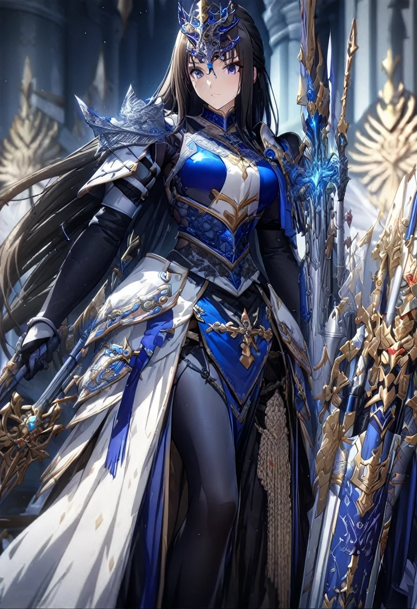 ((highest quality)),(Ultra-high resolution),(Very detailed),(Detailed Description),((The best CG)),(A masterpiece),super precision art,Amazing drawing art,(Art with precise details:1.5), (One Female Knight:1.8),(High-end ceremonial armor with intricate detailing:1.5,Sapphire Blue:1.3),(Ceremonial weapons manufactured using the highest quality technology:1.8)