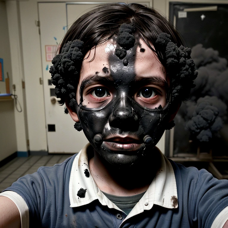 A selfie of an elementary school boy covered in soot after a failed experiment