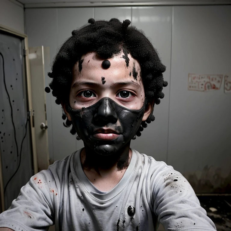 A selfie of an elementary school boy covered in soot after a failed experiment