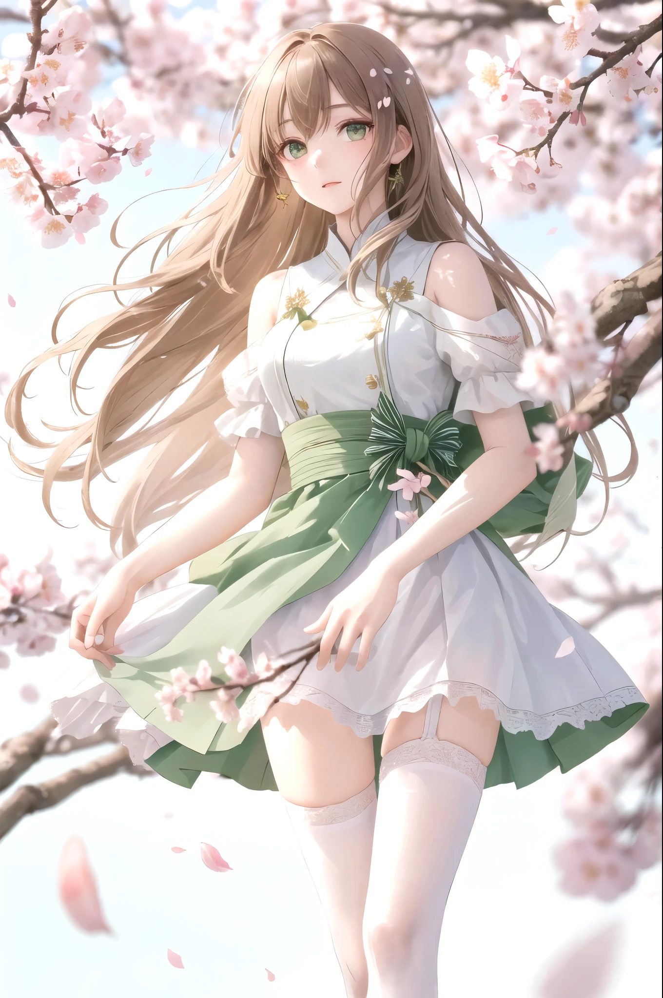 One girl, alone, Long hair blown by the wind, Green Eyes, White Stockings, race, View the viewer, Gorgeous, elegant, Very detailed, Majestic, Blurred, Blurred background, wood, branch, cherry blossoms, butterfly, Windblown petals, Depth of written boundary,