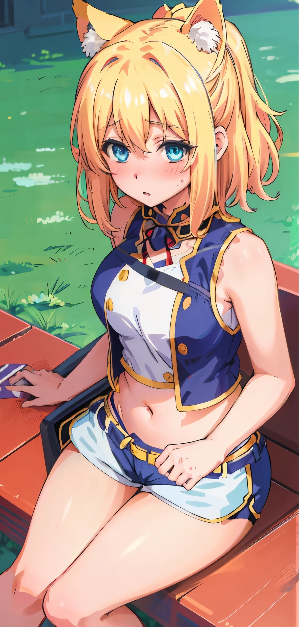 best quality, (masterpiece:1.2), detailed, medieval,
Rumia Tingel,
1girl, solo, ((blush)),
medium hair, blonde hair, short ponytail, blue eyes, green bow, x hair ornament,
((( blue eyes, ultra-detailed eyes))),
Dynamic pose, ((blush)), medium breasts, medium hair, background, perfect anatomy, healthy skin, glowing eyes, cat ears. sitting .(( Sleeveless)), ((navel, healthy skin)), elegant shirt, (((elegant shorts)))
