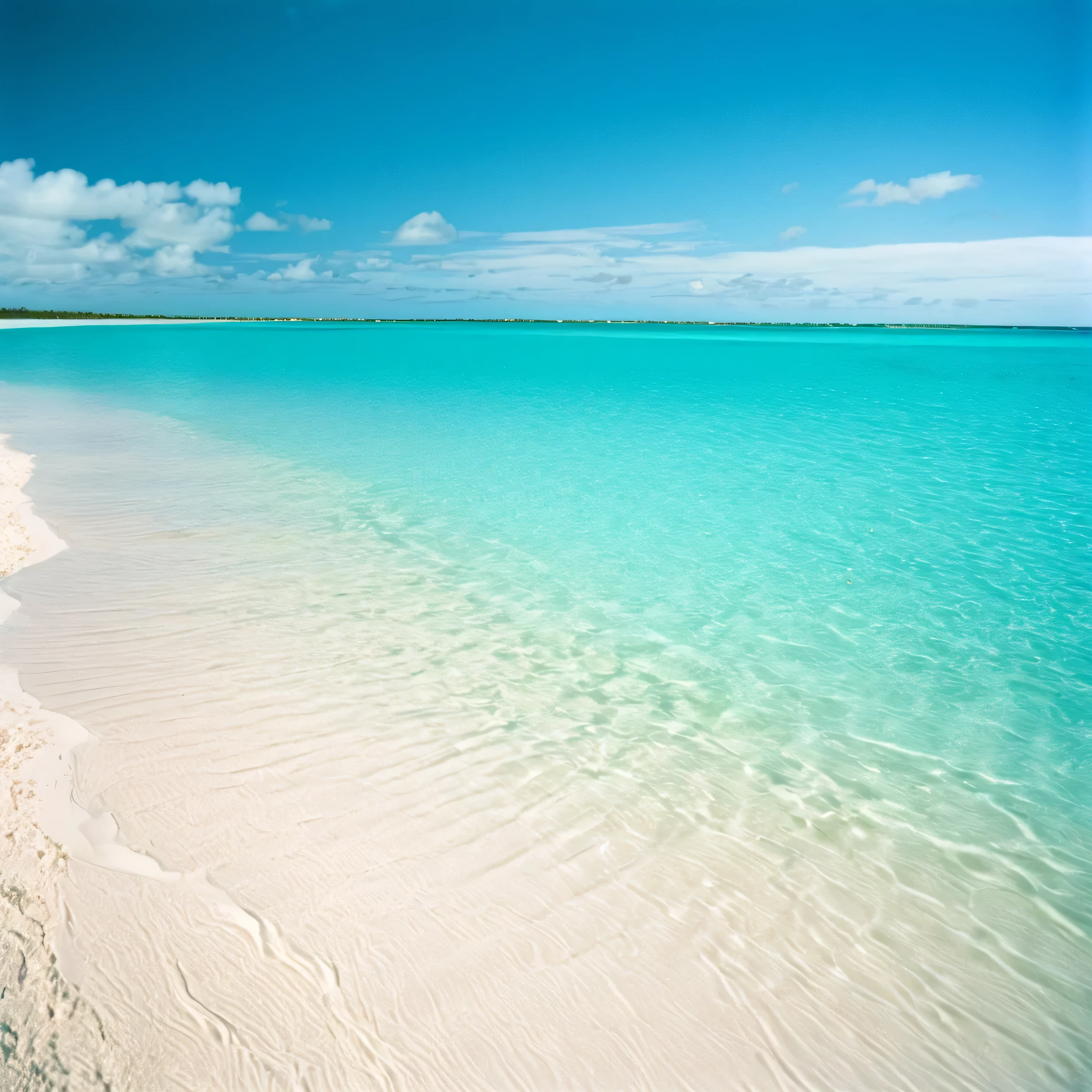 Create Grace Bay in Turks and Caicos. Blue water, sandy beach. Blue sky, photorealistic, shot on Kodak gold 400 film, film look, 35mm film, show beach and coastline, perspective view