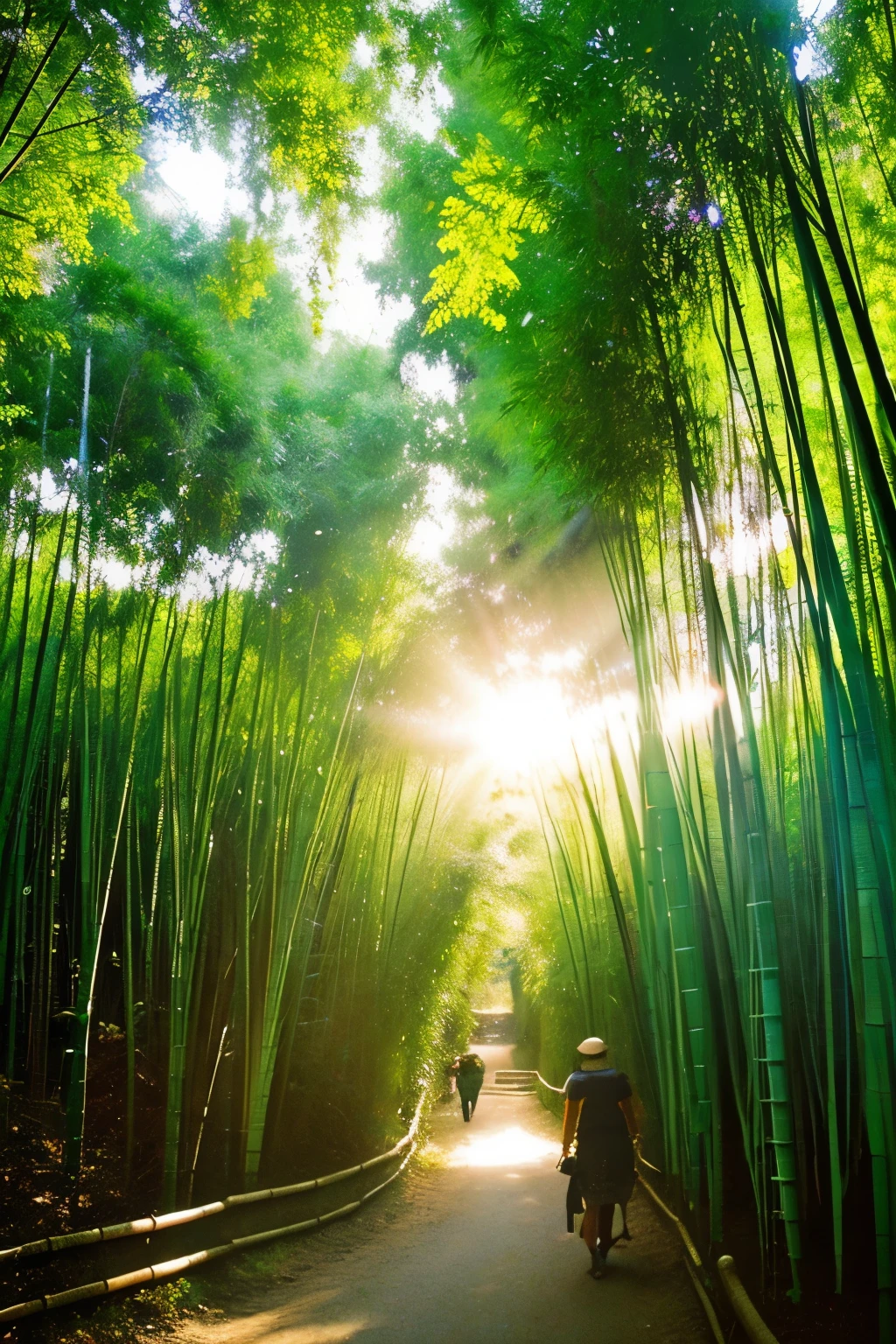 In the bamboo forest、The sunlight filtering through the trees is soft、