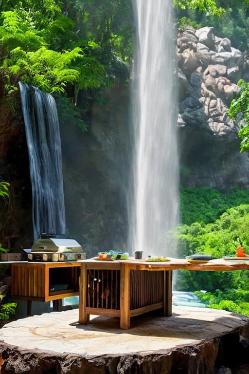 Outdoor cooking camp in front of the Perfection The Coolest house tree and the waterfall