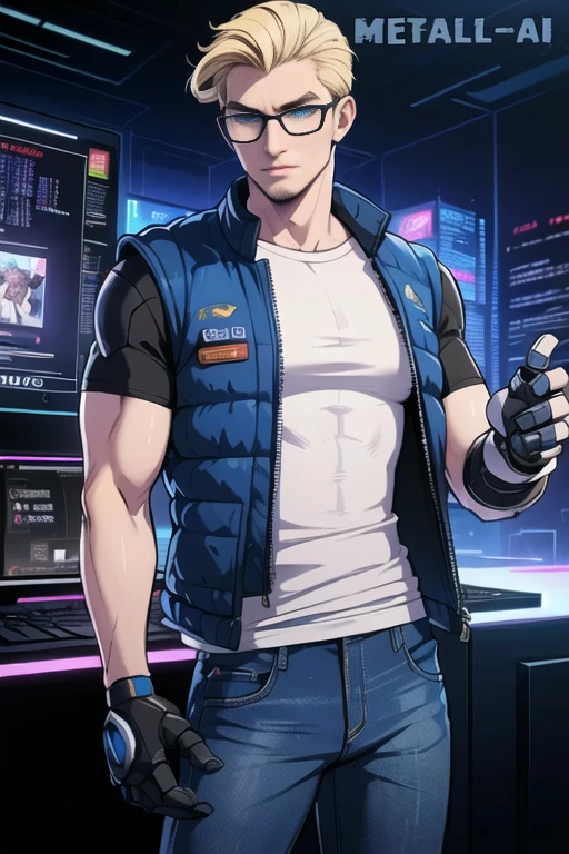 MetallAi, ((best quality)),((Masterpiece)),(detailed), perfect face, ((male,)) ((blonde hair,)) ((blue eyes,))
((jeans)) ((blue tactical suit,)) cyber corporation, ((cyberpunk,)) ((glasses,)) ((drons)) ((handsome))
((robot hands)) ((computers,)) ((hacker,)) young, ((jacket,)) technology, android, ((white t-shirt,))
future, men, cyborg arms,