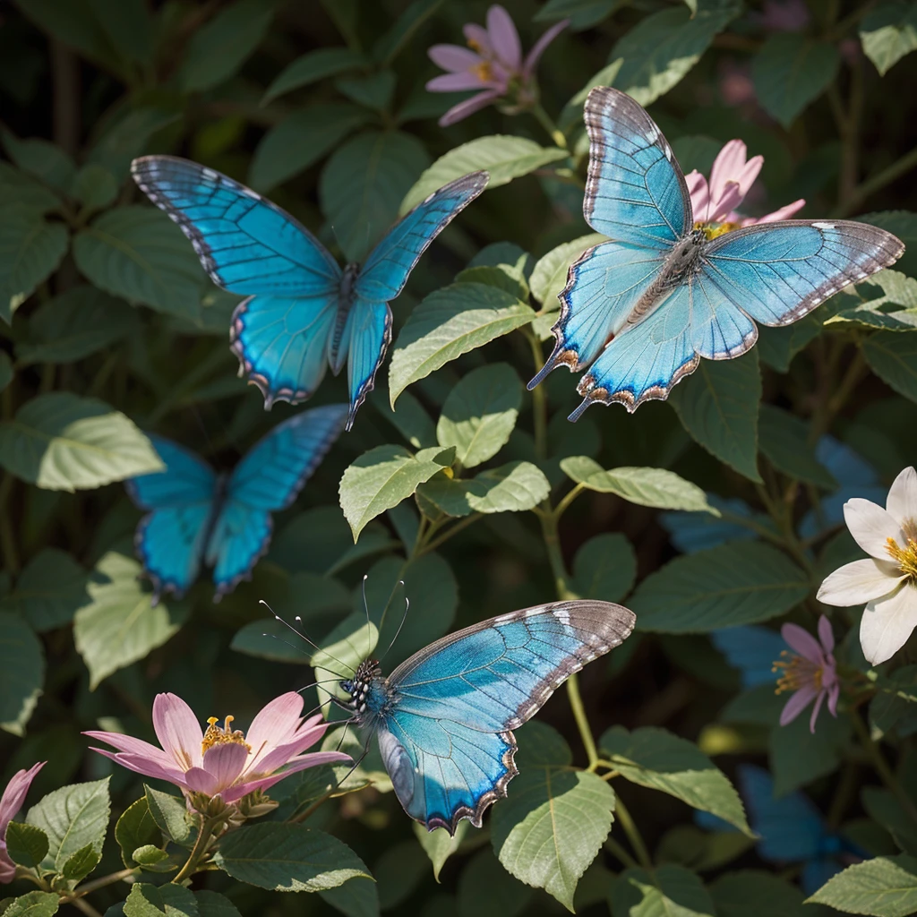 blue butterfly, delicate wings, vibrant colors, intricate patterns, graceful flight, ethereal beauty, nature's masterpiece, (best quality, highres), (photorealistic:1.37), close-up details, translucent wings, shimmering blue, iridescent glow, peaceful garden, blooming flowers, (soft lighting), (bokeh)