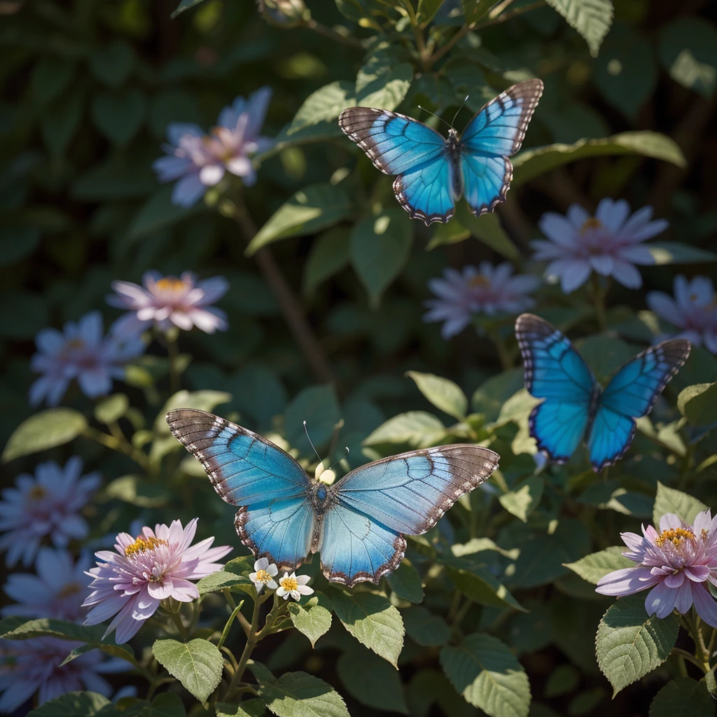 blue butterfly, delicate wings, vibrant colors, intricate patterns, graceful flight, ethereal beauty, nature's masterpiece, (best quality, highres), (photorealistic:1.37), close-up details, translucent wings, shimmering blue, iridescent glow, peaceful garden, blooming flowers, (soft lighting), (bokeh)