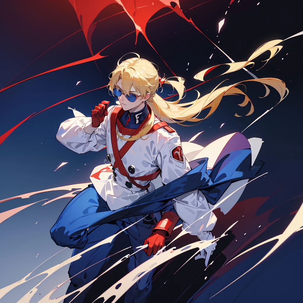 A man, 21 years, long hair blonde, pale white skin, blue eyes, wearing a red suit pilot clothing like neon genesis evangelion, white gloves, in a dark atmosphere, hd quality image, autority, like a planning tactician leader, commander, mobile suit pilot, wearing sunglasses, a strong posture of a leader